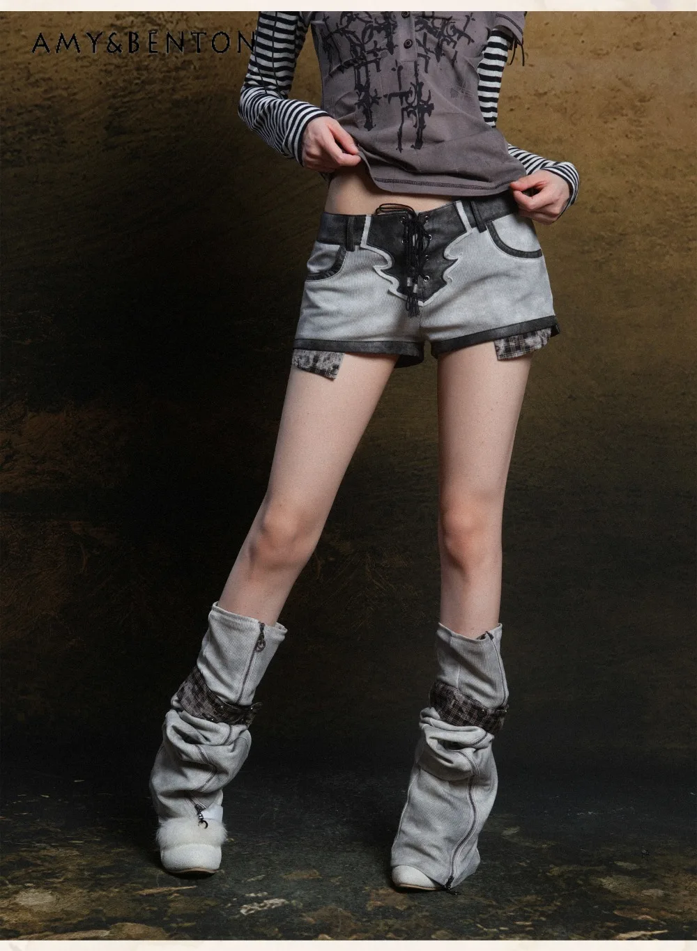 Original Design Gothic Do Old Knitted Contrasting Splicing Pu Low-rise Shorts Leg Warmer Subculture Punk Hot Girl Shorts Women