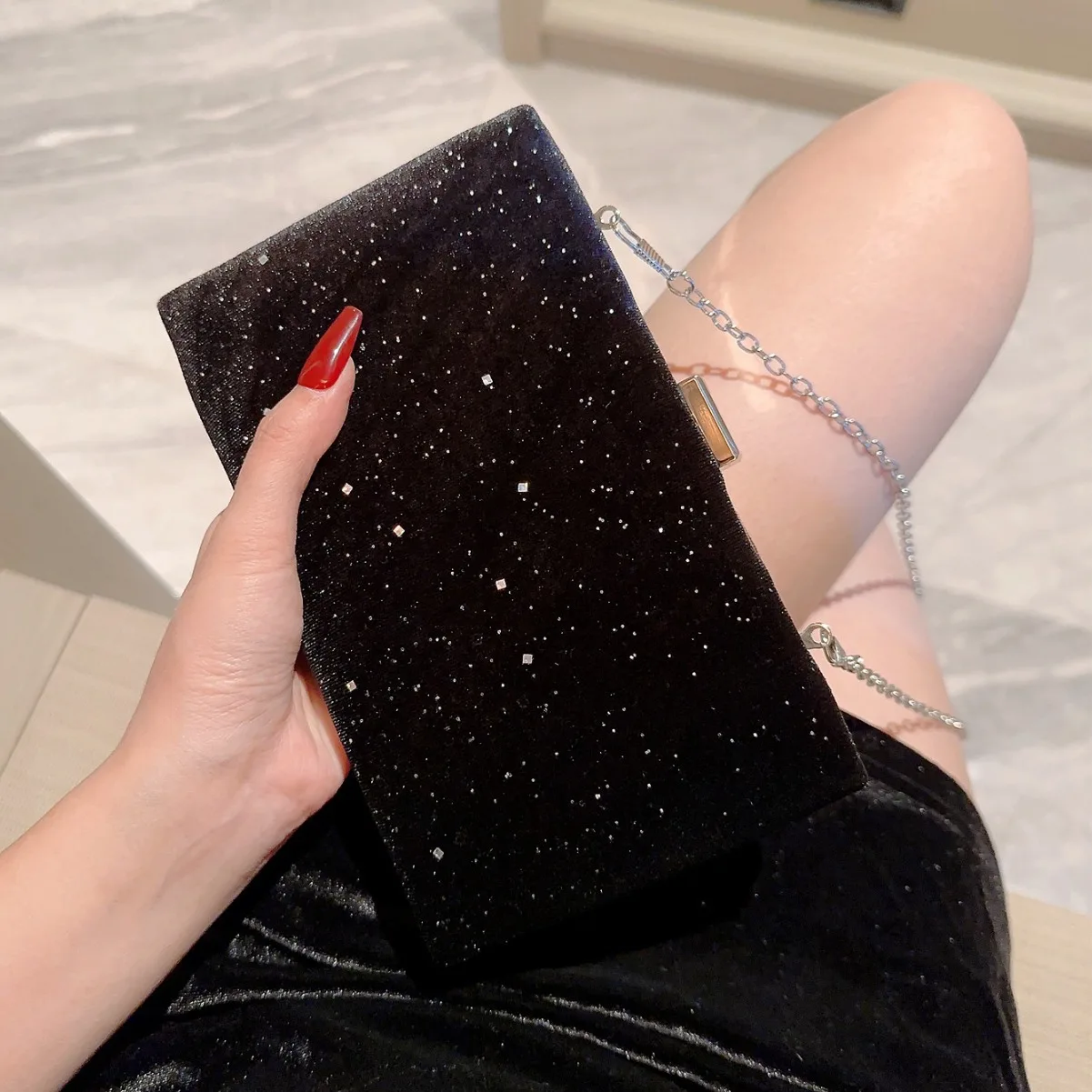 Bling Diamond Black Box Clutches Wedding Party Evening Bag For Women Silver Color Chain Shoulder Bag Crossbody Prom Handbags