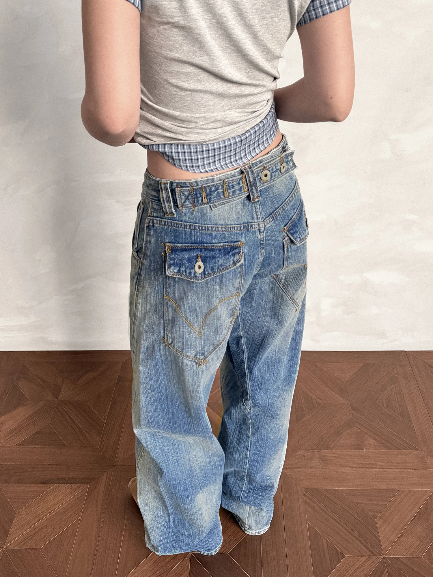 

Damon Island American Paris Button Waist Waed Bamboo Fiber Denim Pants Women's Vintage Straight Loose Casual Trousers