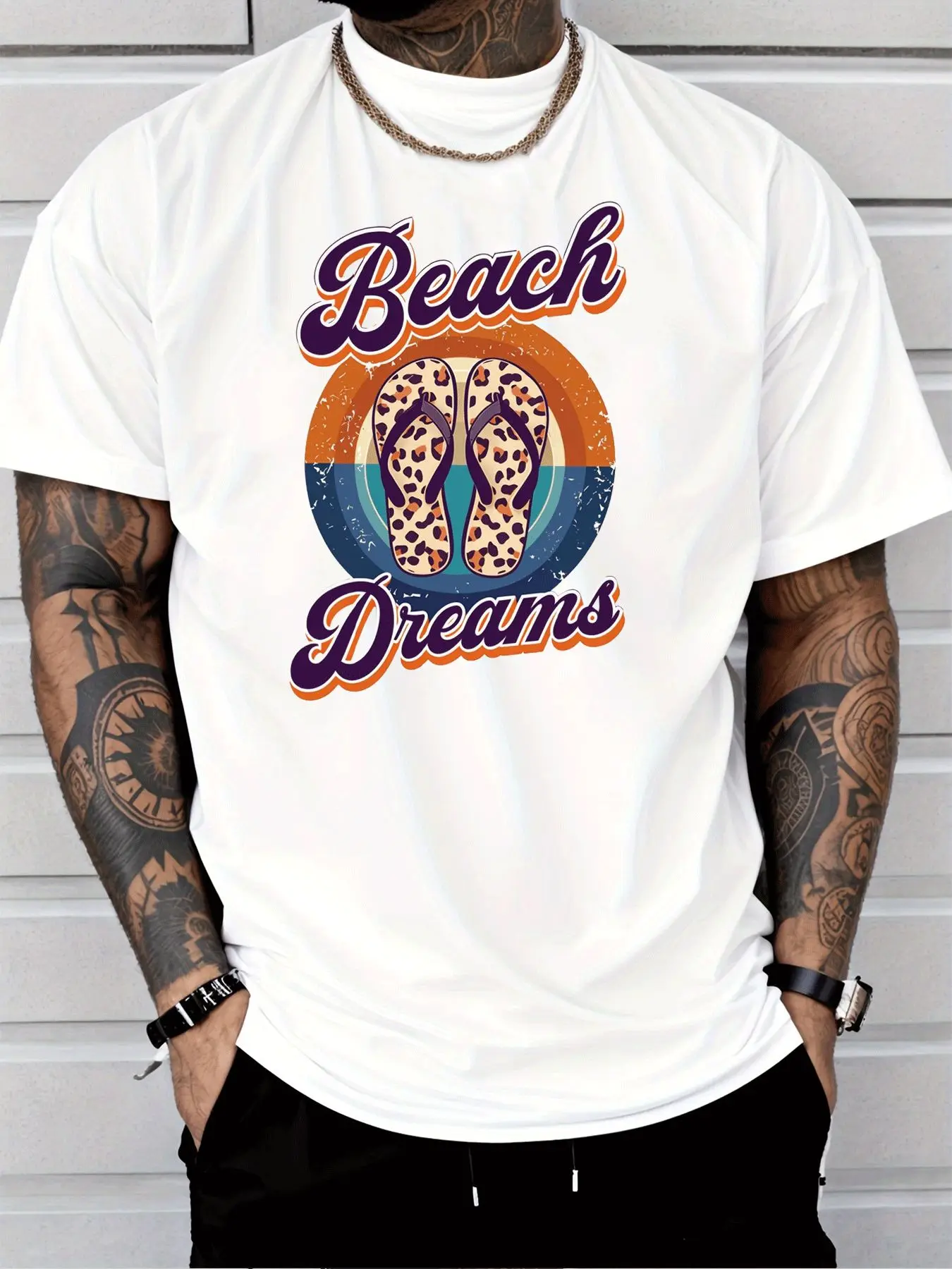 Mens Casual Short Sleeve T Shirt Beach Dreams Flip Flops Print Crew Neck Cotton Tee Loose Vacation Summer Tops For Adult Guys