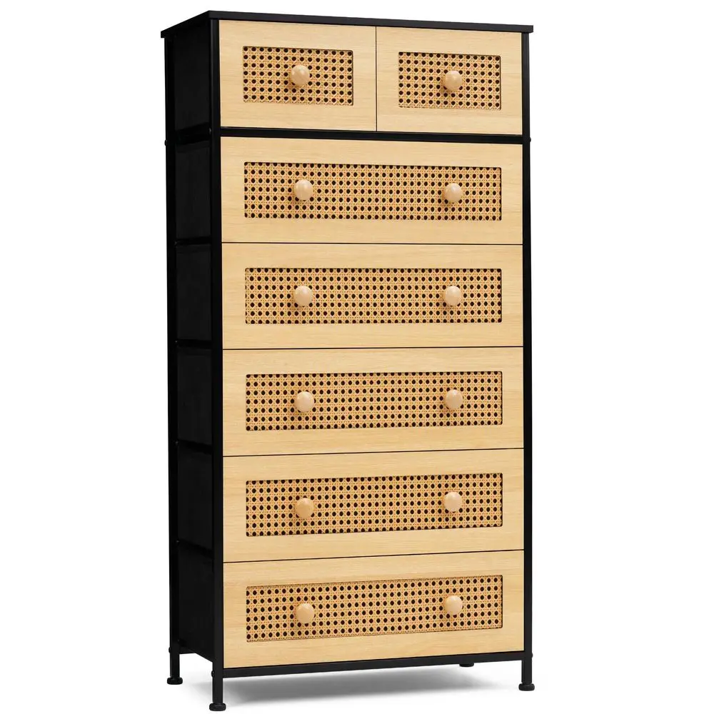 

Rattan Dresser Tall Storage Tower, Chests of Drawers, Easy Pull Fabric Bins, Wood Handles Organizer Unit for Bedroom, Entryway,