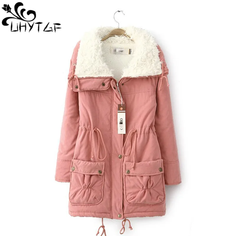 UHYTGF Autumn Jacket Women Mid Length Lambskin Warm Winter Coat Female Lace-UP Loose Large Size Cotton Parka Women Overcoat 2677