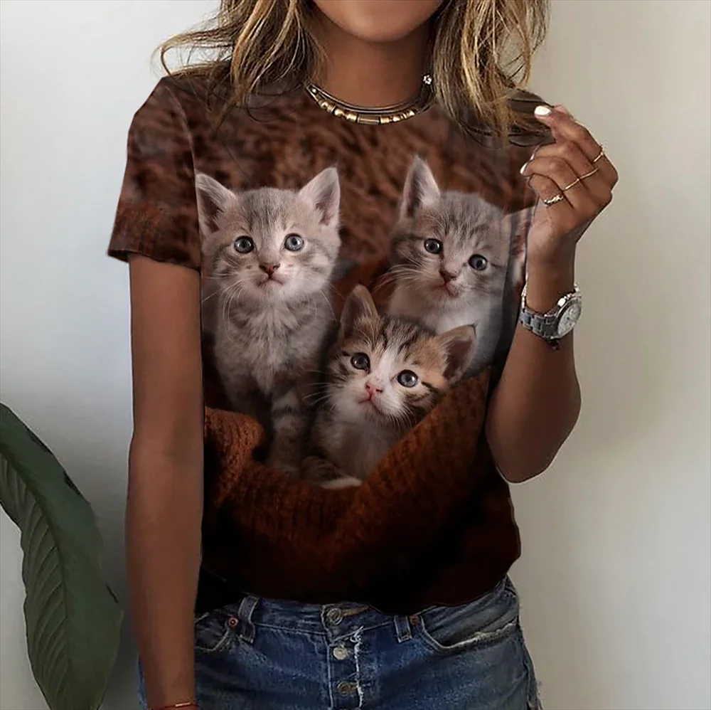 Women's T-shirt Fluffy Kitten Denim Overlay Pocket Print Short Sleeve Top Summer Casual Round Neck Ladies Daily Clothes
