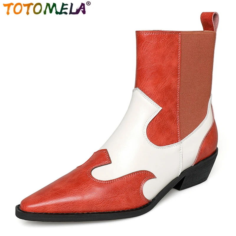 

TOTOMELA New Cow Leather Cowboy Western Boots Slip On Pointed Toe Autumn Winter Ankle Boots Handmade Mixed Color Ladies Shoes