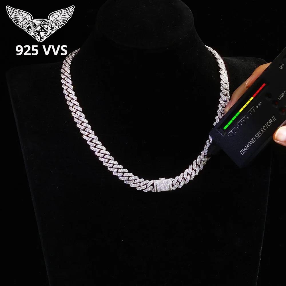 

Серебро 925 пробы, 10 мм, 2 ряда, муассанит, кубинская цепочка, Bling Iced Out Pass, тестер бриллиантов VVS, стерлинговое серебро S925, ожерелье VVS
