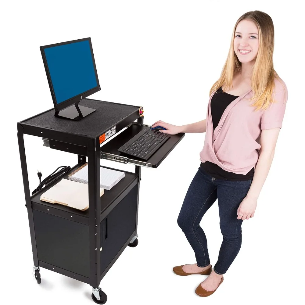 AV Cart with Locking Cabinet, Adjustable Height,  Steel Frame, Black.