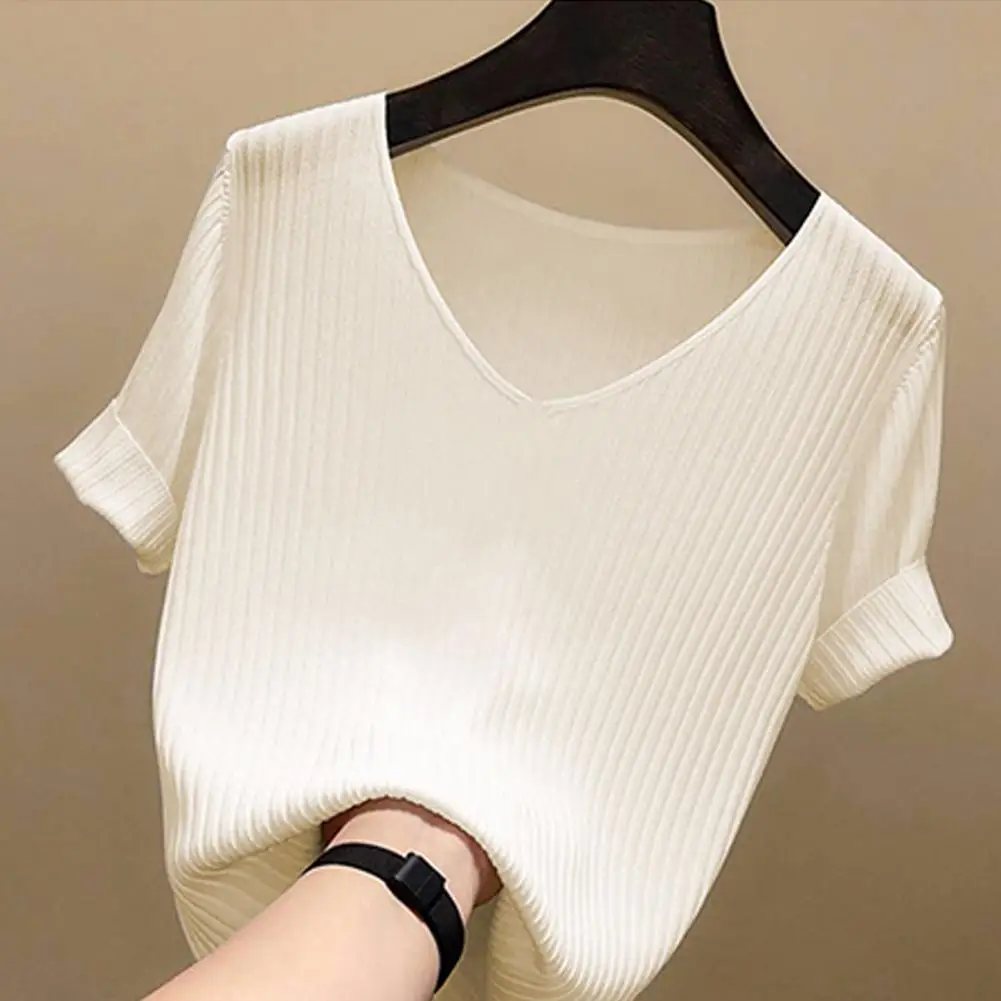 

Solid Color Tee Solid Color V-neck Ribbed Knit Women's Summer T-shirt Regular Fit Short Sleeve Tee for Work Daily Wear Women