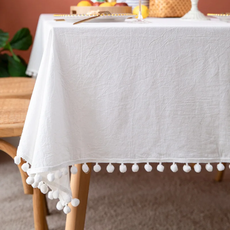100% Cotton Tablecloths Fabric Tassel Tablecloth Dust-Proof Table Cover for Kitchen Dinning Tabletop Home Wedding Decoration