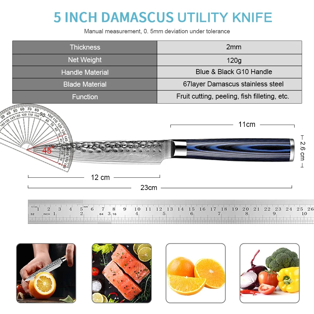 Japanese Damascus VG10 Steel Utility Knife 5 Inch Kitchen Petty Knife Razor Sharp Cutting Fruit Carving Chef Paring Knives