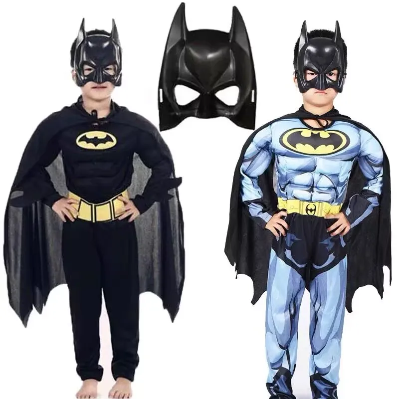 

Boys Muscle Bat Cosplay Jumpsuit Hero Costume Suit with Cape Mask Men Superhero Wayne Cosplay High Quality Carnival Party