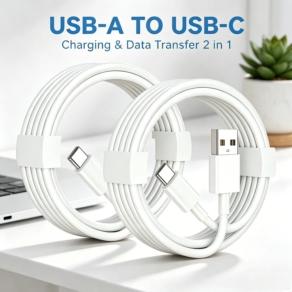 2M USB-A to USB-C Fast Charge Data Sync Cable Portable Charging Wire 2Pack for iPhone 15-17 Samsung Huawei Intelligent Devices
