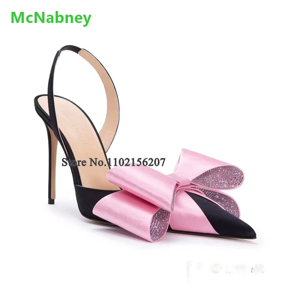 

Butterfly-knot Pointed Toe Back Strap Pumps For Female Women Thin High Heel Slik Fabric Slingback Sexy Elegant Shallow Shoes