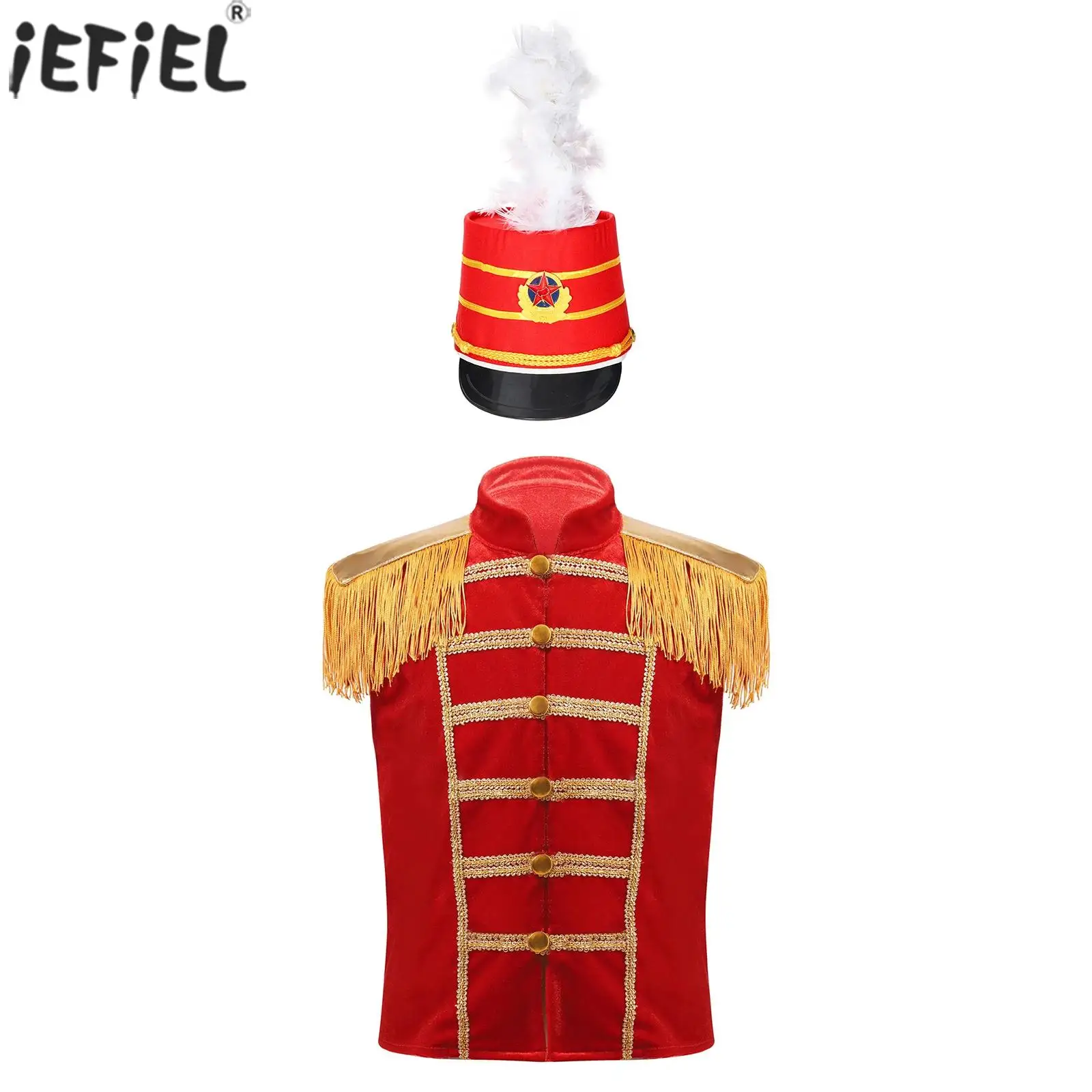 Kids Drum Trumpet Team Honor Guard Costume Sleeveless Tassel Vest with Hat Carnival Party Marching Band Performance Uniform