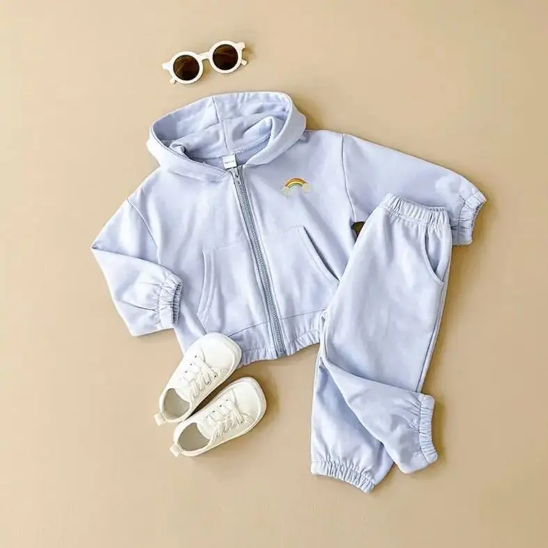 INS Newborn Set Girls Hoodie Children Clothing Rainbow Embroidered Long Sleeves+Long Pants Baby Sports Shirt Casual Boys 2PCS