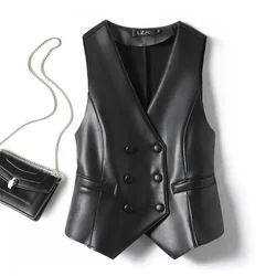 V-neck leather jacket, horse clip, double breasted PU leather vest, short fit, slimming, 2024 Spring and Autumn new item