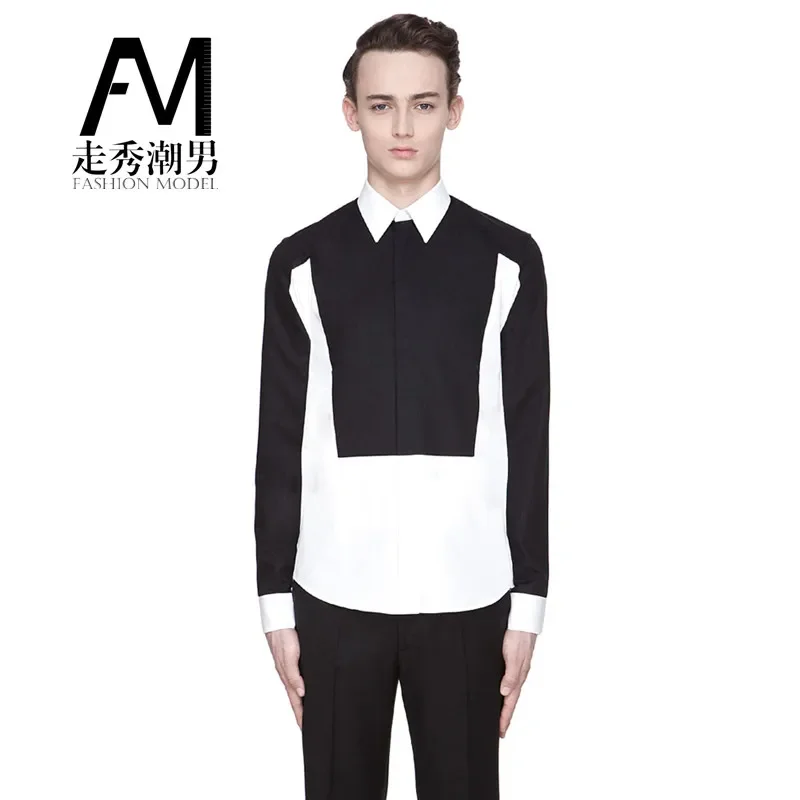 

S-6XL 2024 New Men's Clothing Catwalk Hair Stylist Slim Black White Stitching Shirt Ds Plus Size Costume Singer Costumes