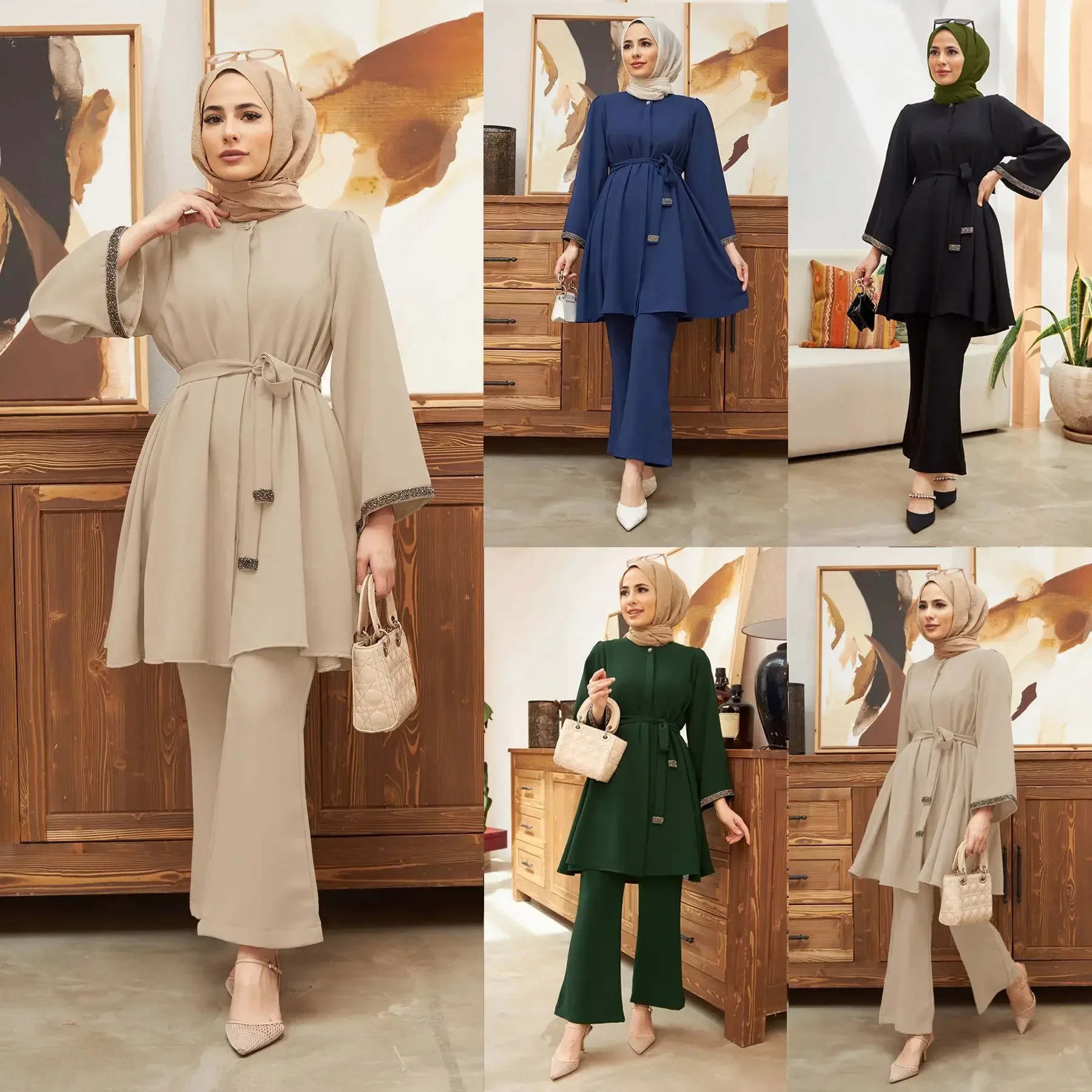 Muslimisches 2-teiliges Set für Damen, Oberteil, Hosenanzug, Eid, Ramadan, Schnürung, Marokko, Dubai, Islam, lässiges Ensemble, Türkei-Hose, arabische Outfits