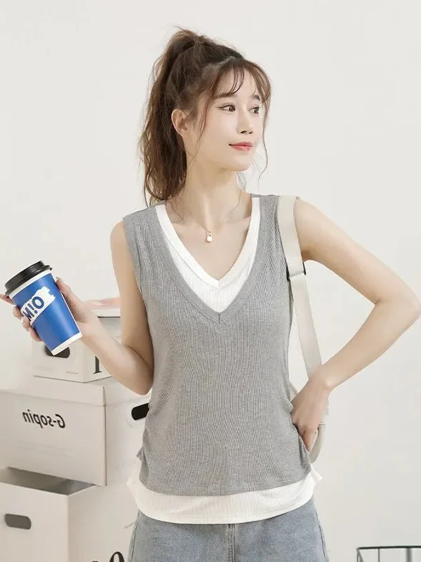 plus Size Patchwork Halter Neck Vest with Chest Pad Summer Korean Style V-Neck Sleeveless Top for Plump Women