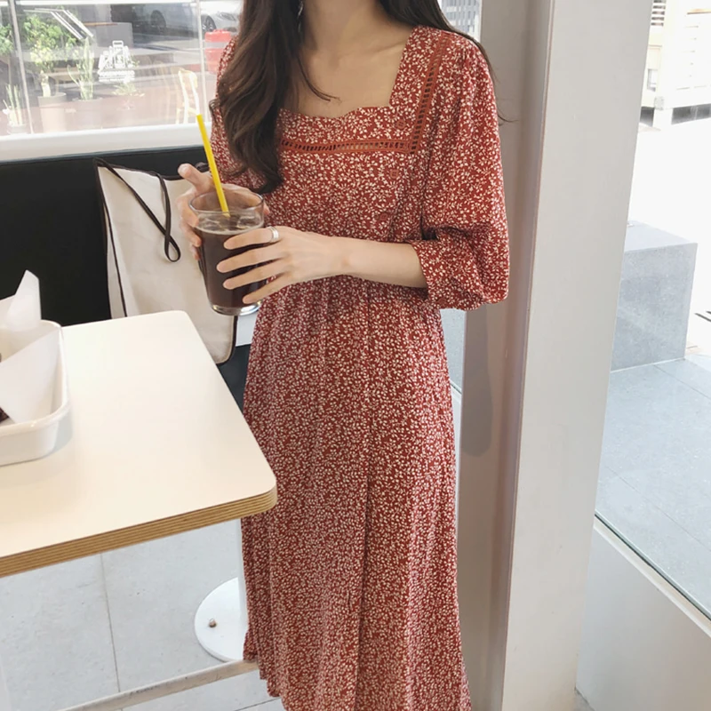 Chique lente vintage zoete vierkante kraag met bloemmotief, slanke pasvorm, lange mouwen, Koreaanse stijl, hoge taille