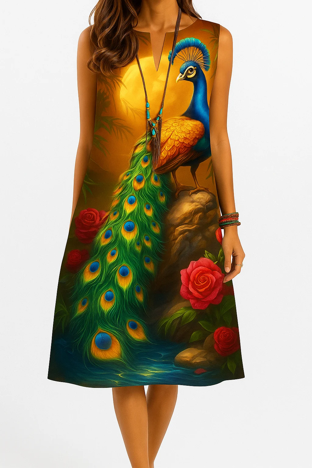 Women's kurt fashionable and elegant long sleeved straight tube casual V-neck peacock pattern new comfortable dress