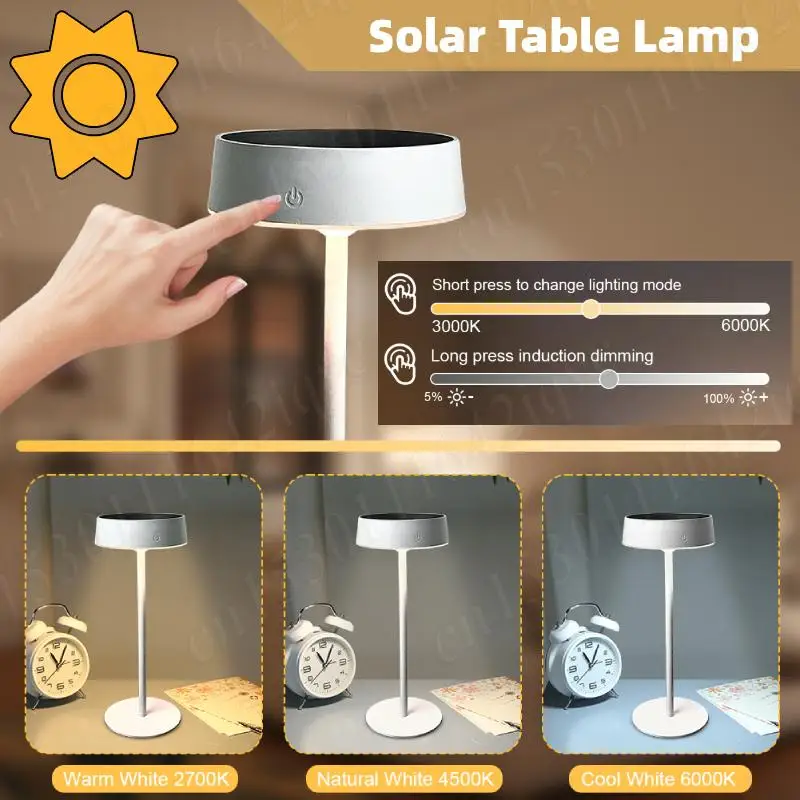 

LED Solar Table Lamp Dimmable Waterproof Cordless Desk Lamp Rechargeable 3 Color Temperature Night Light for Garden Camping
