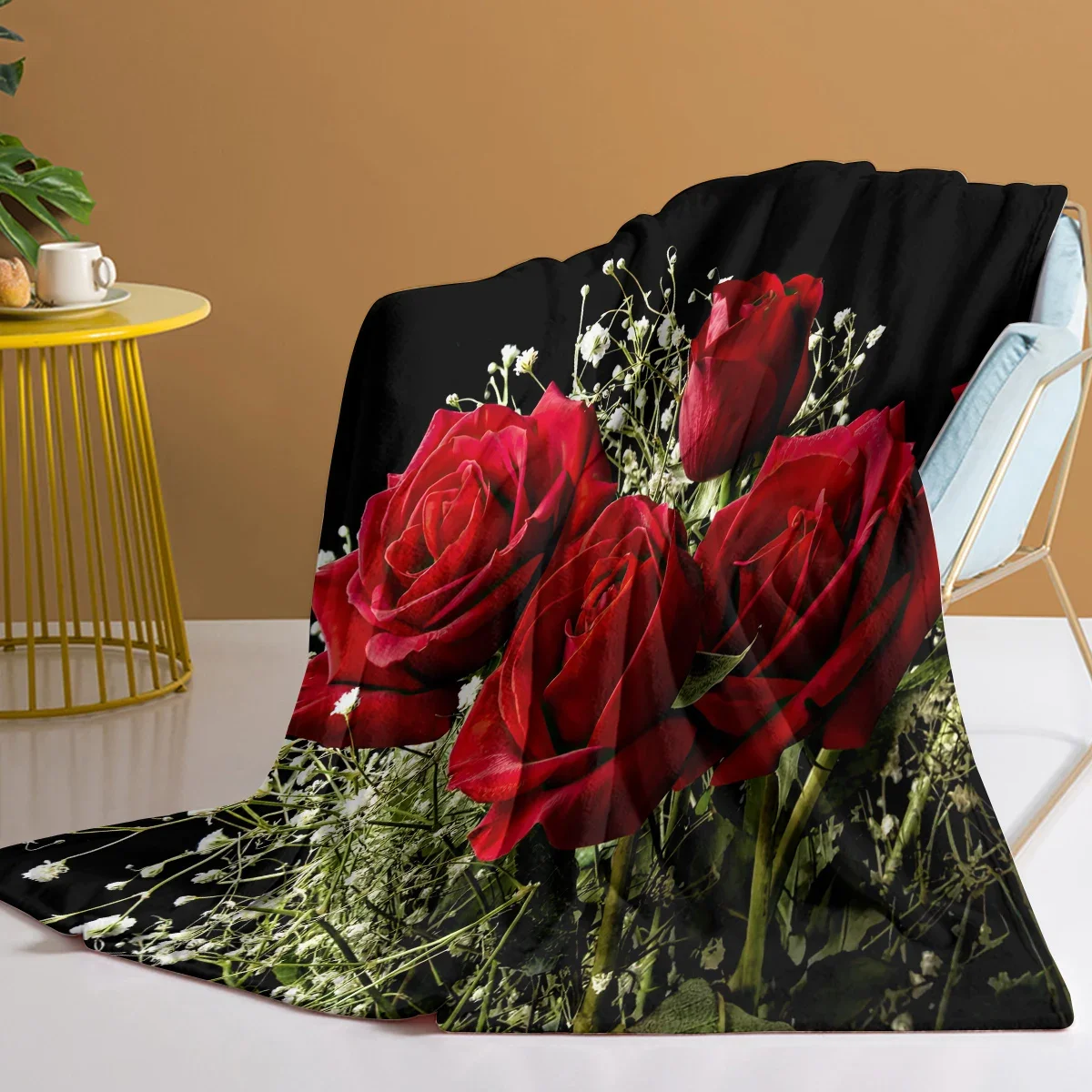 3d Print Blanket Babysbreath and Roses in Black Ground Throw Blanket Green and Red Floral Soft Fleece Blanket for Couch Bed