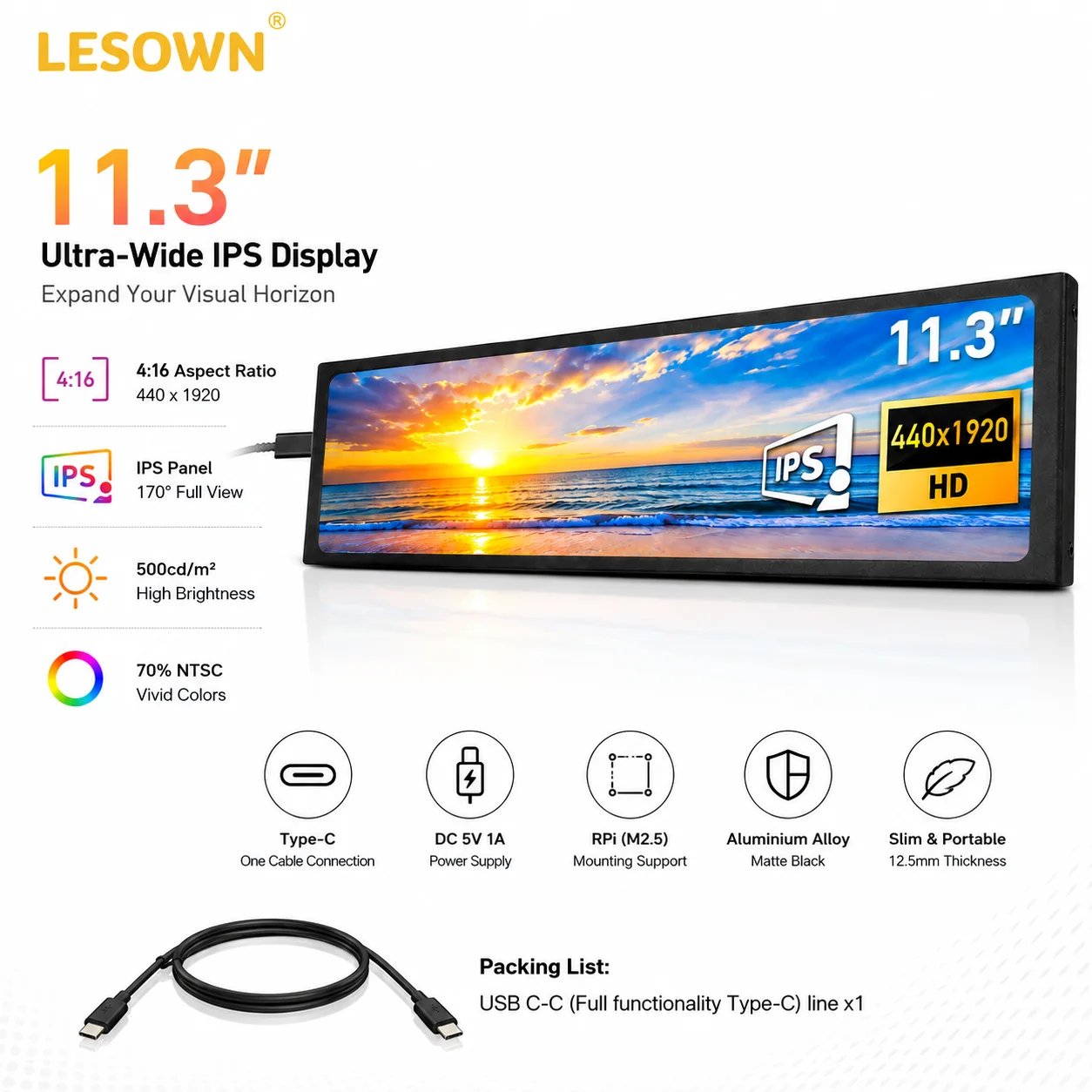 LESOWN 11.3 Inch Bar Screen Plug & Play 60Hz Mini Monitor for PC Gamer Desktop Status Monitor