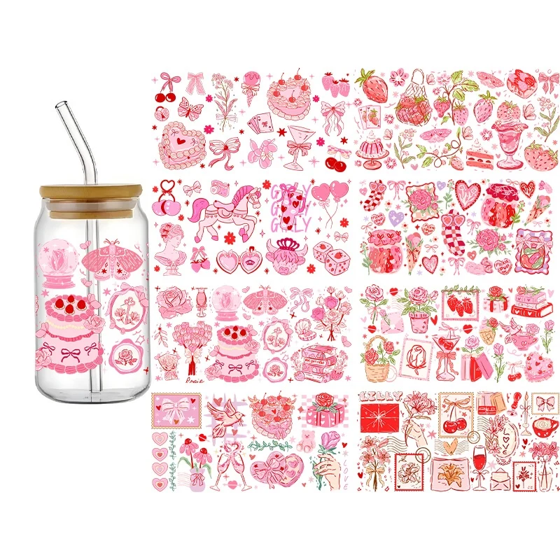 Fashion UV DTF 3D Valentine's Day DIY UV DTF Transfer Sticker 16oz Libbey Glass Cups Wraps Coffee Mug Decals Decor