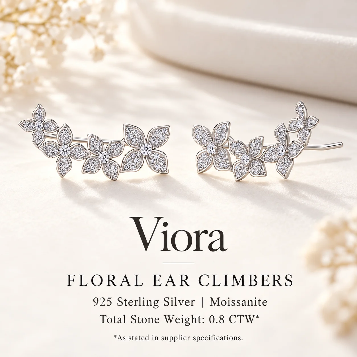 Viora 925 Sterling Silver Moissanite Floral Ear Climber Earrings for Women Elegant Flower Jewelry Gift