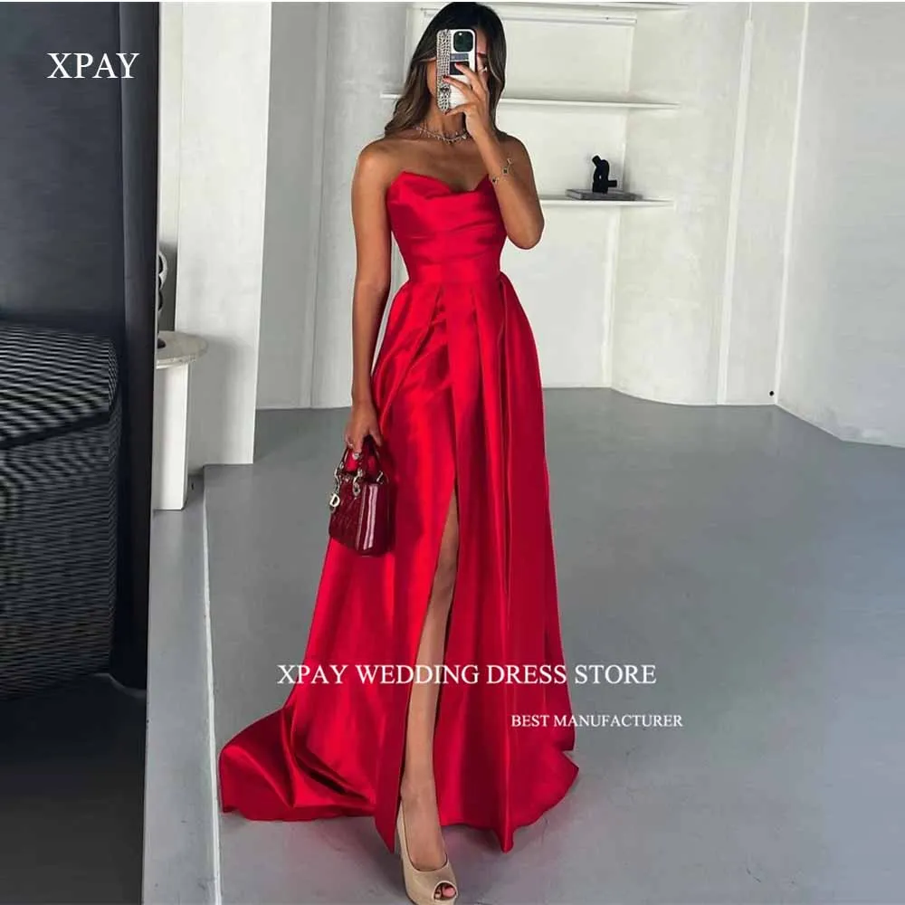 

XPAY Simple Red Satin A Line Evening Dresses Saudi Arabic Women Sweetheart Side Long Prom Gowns Formal Occasion Dress