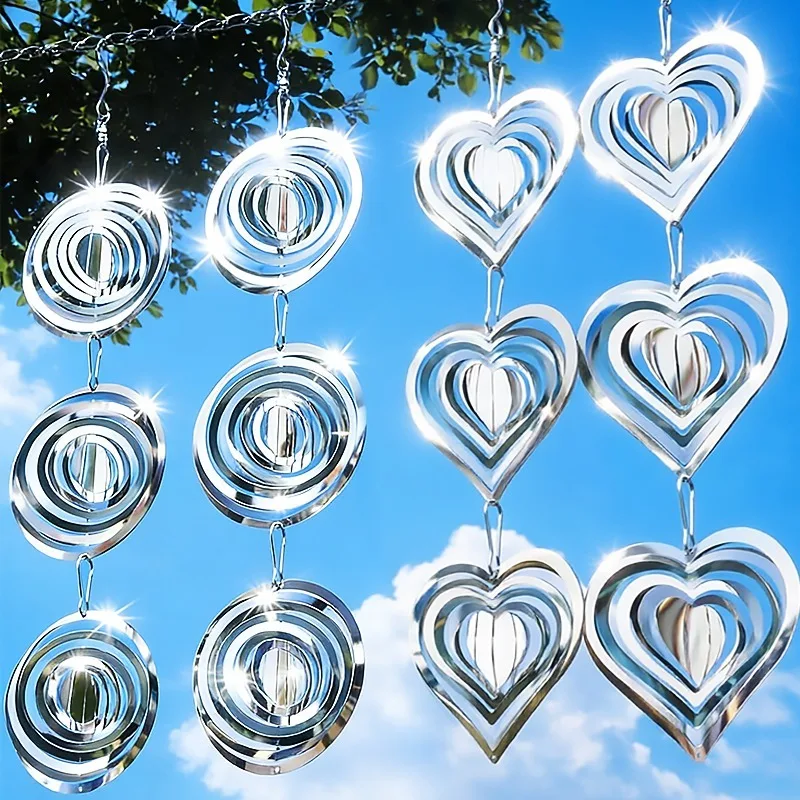 

3D Rotating Bird Repellent Stainless Steel Rotating Round Heart Wind Spinner Garden Reflector Hanging Wind Chime Scare Birds