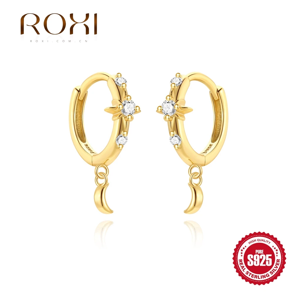 

ROXI 925 Sterling Silver Octagonal Star Zircon Smooth Moon Pendant Earrings For Women Fashion Exquisite Anniversary Friends Gift