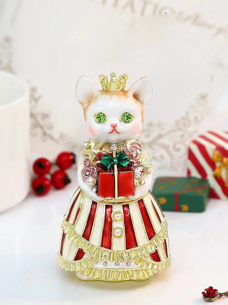 Metal Princess Cat Figurine Decor Ornament Enamel Princess Cat Statues Animal Trinket Jewelry Box Hinged ﻿