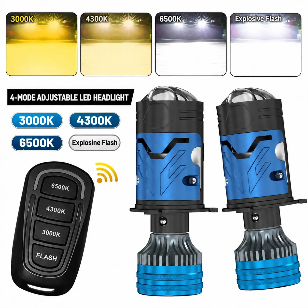 H4 Tricolor Remote Control LED CANBUS Headlight Bulbs Projector Lens 3000K 4300K 6500K Turbo Fan Car Light for Cars/Motorcycles