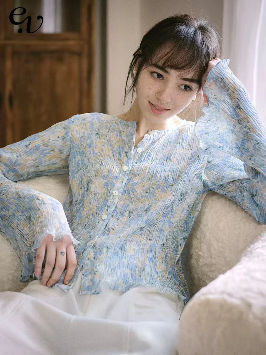 

Even Vintage Spring New Green Water Wave Texture Pleated Purple Vine Yellow Green Floral Long Sleeve Women's Elegant Style Top