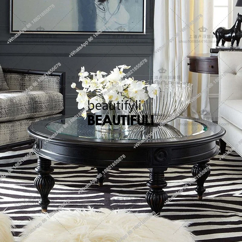 

Solid Wood Vintage Rattan Tempered Glass round Coffee Table French Country Black Coffee Table round Tea Table