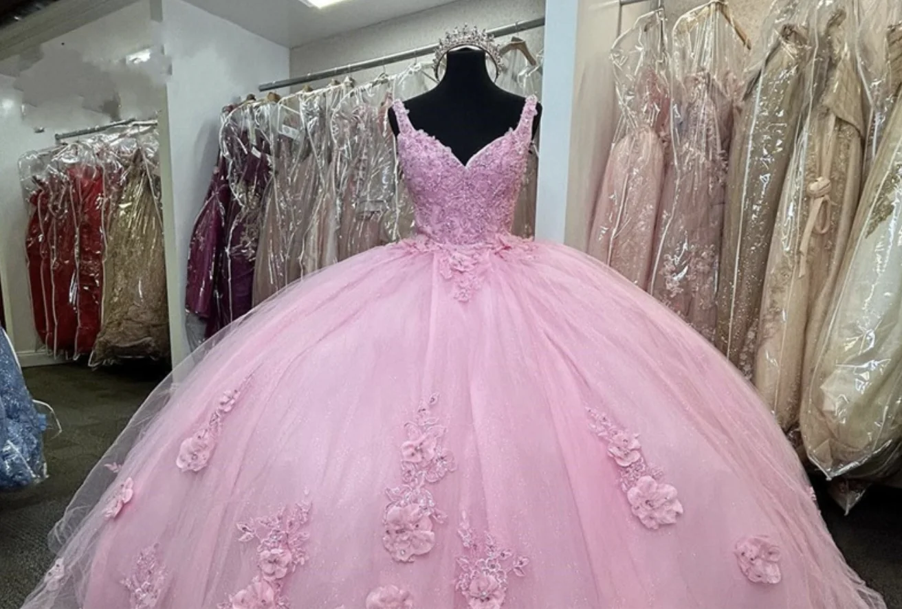 فساتين Quinceanera وردية صور حقيقية ، أشرطة ثلاثية الأبعاد مزينة بالزهور اليدوية ، مزينة بكريستال من التل الحلو 16 فستان Vestidos De 15 Años