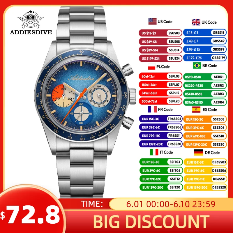 

ADDIESDIVE New Men Watch Luxury 0S20 Chronograph Quartz Wristwatch Domed Glass Luminous 100m Waterproof Stainless Steel Watch