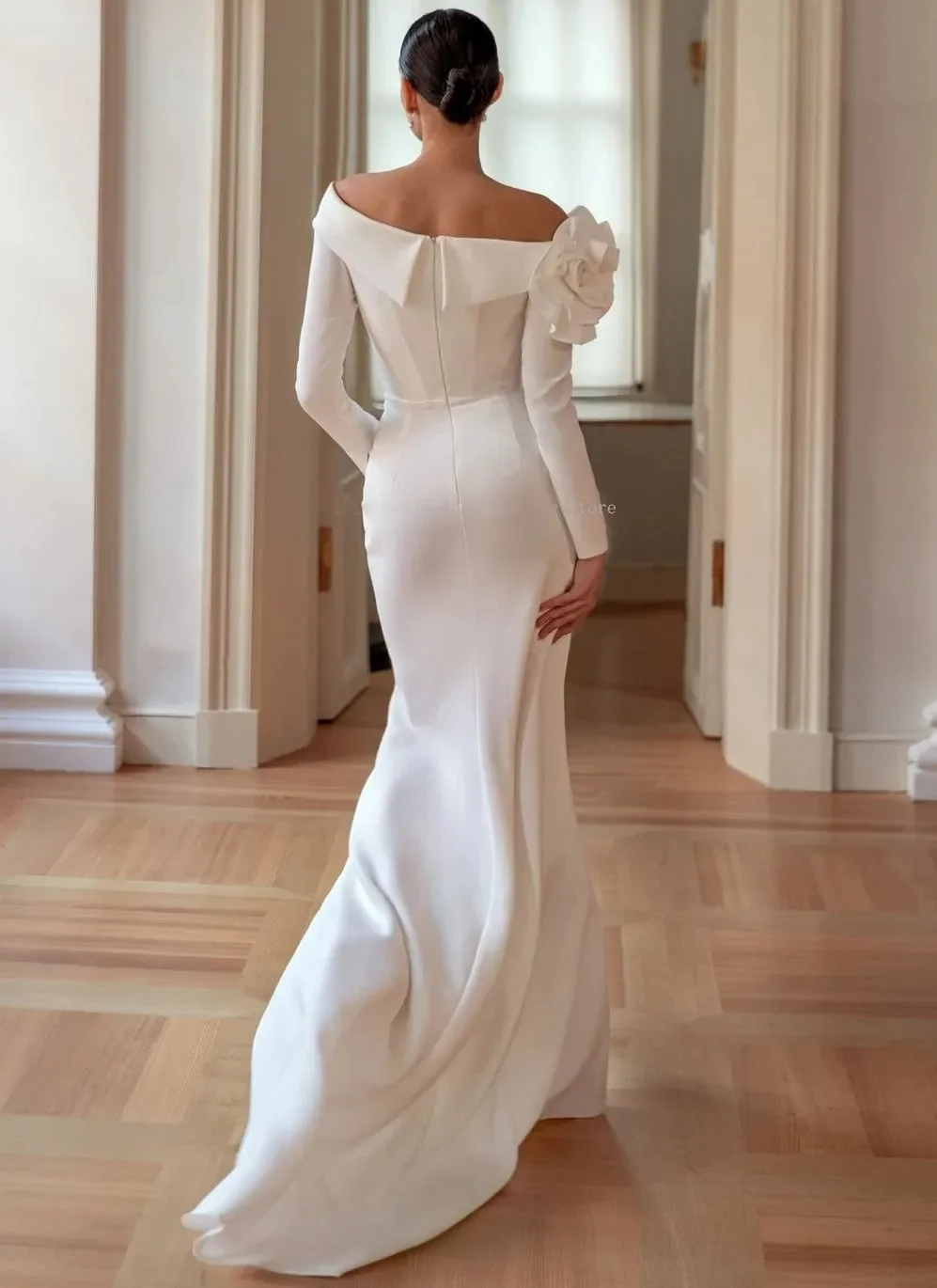 ชุดแต่งงานทรงเมอร์เมดสุดหรู แบบเปิดไหล่ ผ้าซาติน ประดับดอกไม้ 3 มิติ ชายกระโปรงยาวลากพื้น สำหรับเจ้าสาวและงานเลี้ยงฉลองสมรส