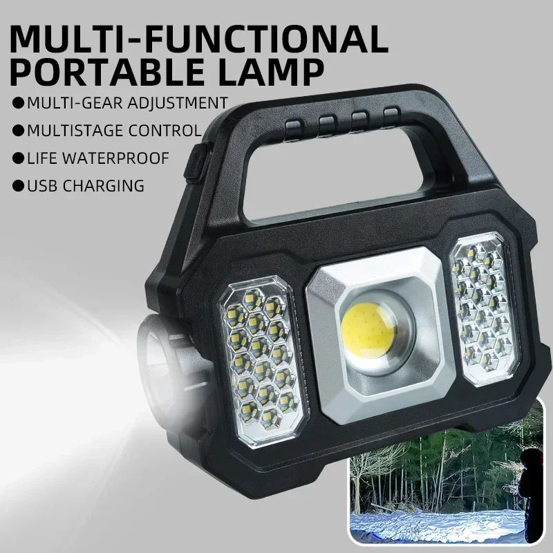 Solar Charging LED/COB Flashlight Multi-Functional Handle Outdoor Camping Work Light Portable 6 Lighting Modes Searchlight Lamp