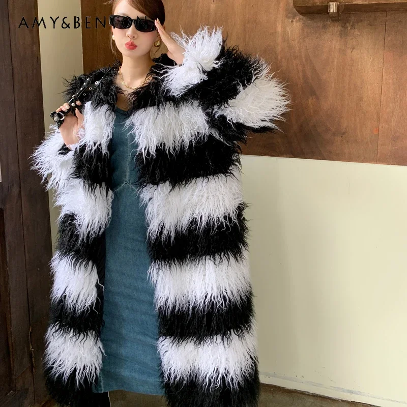 

2023 Autumn Winter New Fashion Faux Fur Black White Striped Furry Coat Imitation Goat Woolen Overknee Long Jacket Top Outwear