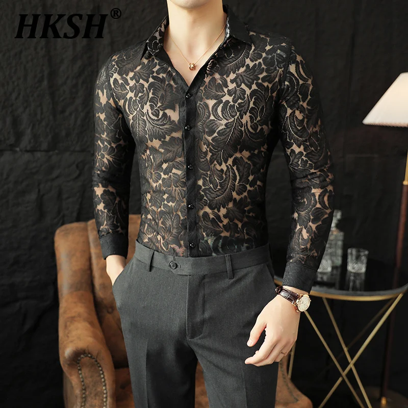 

HKSH Sexy Semi Transparent High-end Feeling Light Luxury Lace Trendy Men's Tide Long Sleeve Shirt Spring Summer New Top HK0101