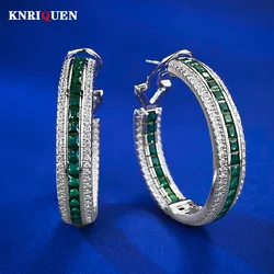 Luxury 100% 925 Solid Silver Emerald Lab Diamond Hoop Earrings for Women Retro Gemstone Wedding Party Fine Jewelry Birthday Gift