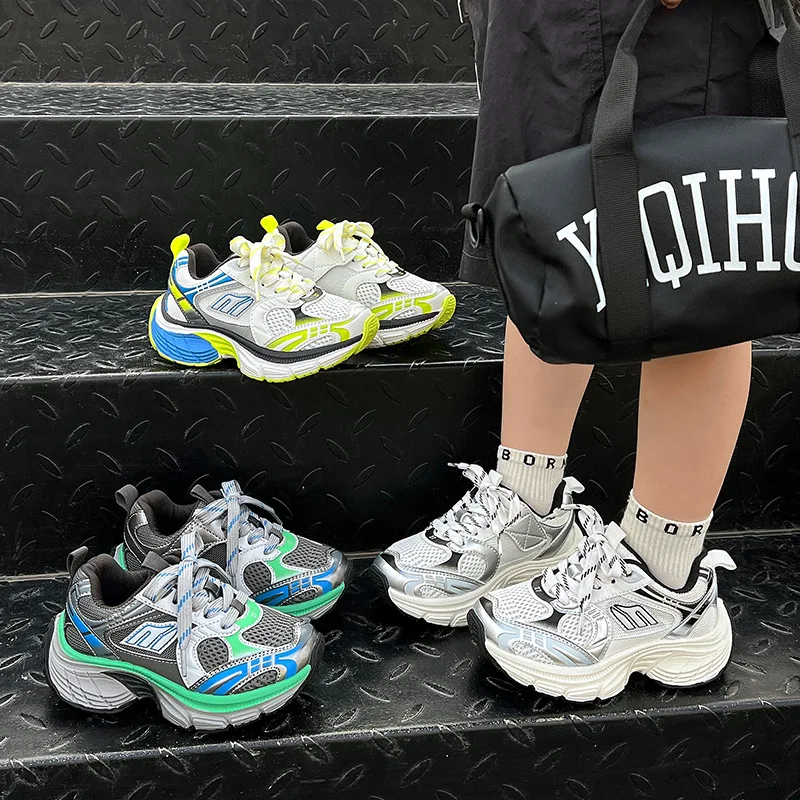 2024 Spring Kids Clunky Sneaker Soft Children Autumn Mesh Sneaker Round Toe Toddler Fashion Sneaker Breathble Boys Silver Shoes