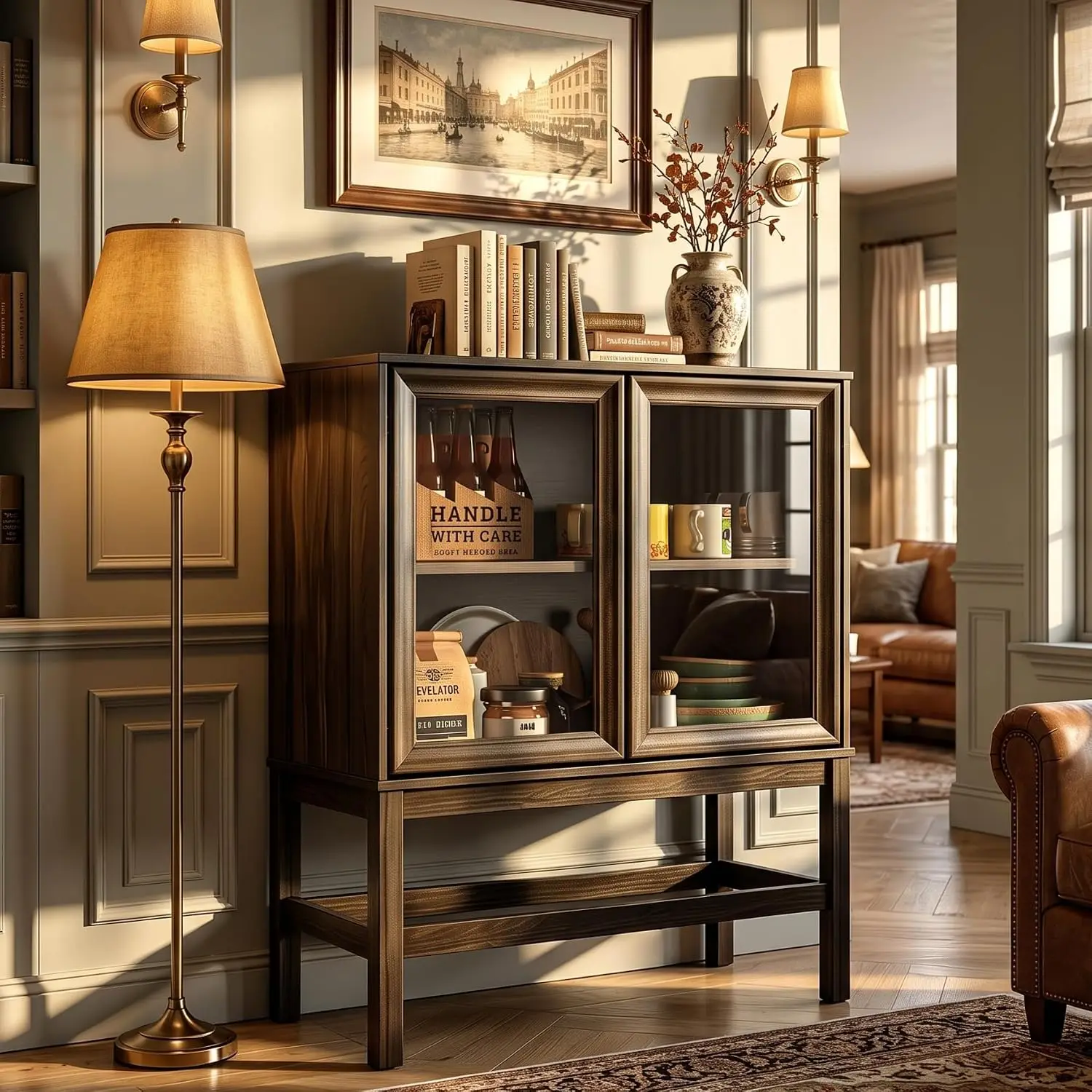 Sideboard Buffet Cabinet with Storage, Small Kitchen Coffee Wine Bar Cabinet with Glass Press-to-Open Doors, Wood, Customized