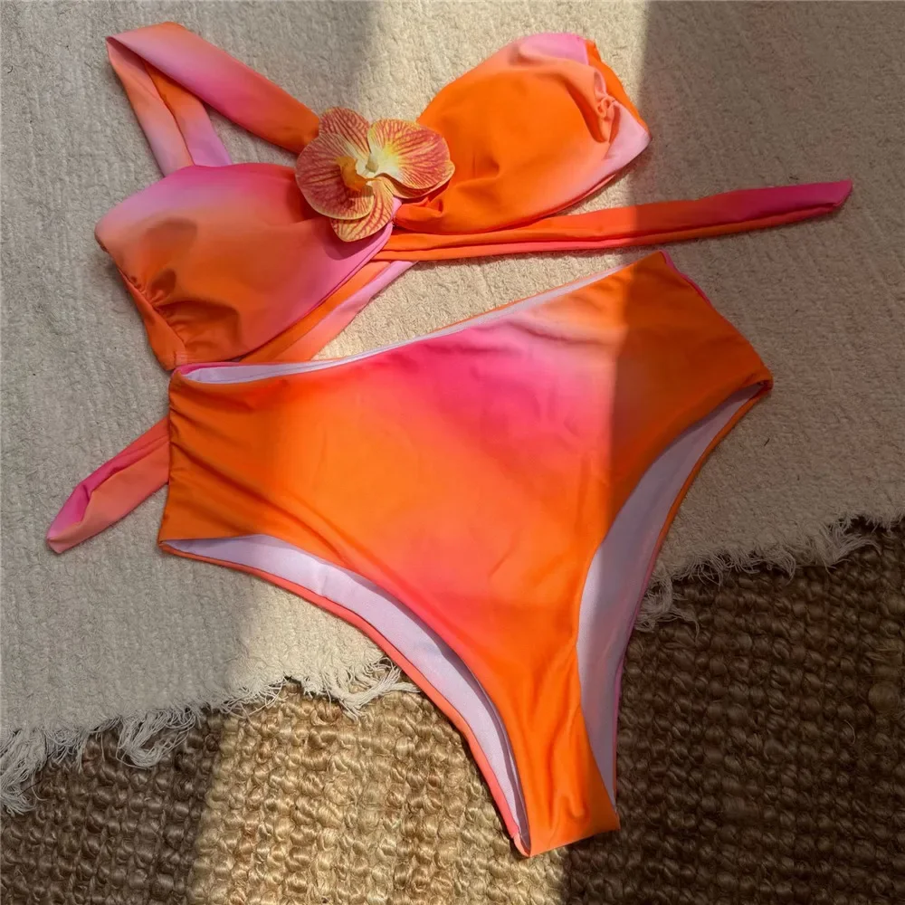 Blue Tie Dye Print High Wasit Bikinis Sets 3D Flower One Shoulder Bandeau Swimwear Sexy Swimsuit Women 2025 Bathing Suit Bikini