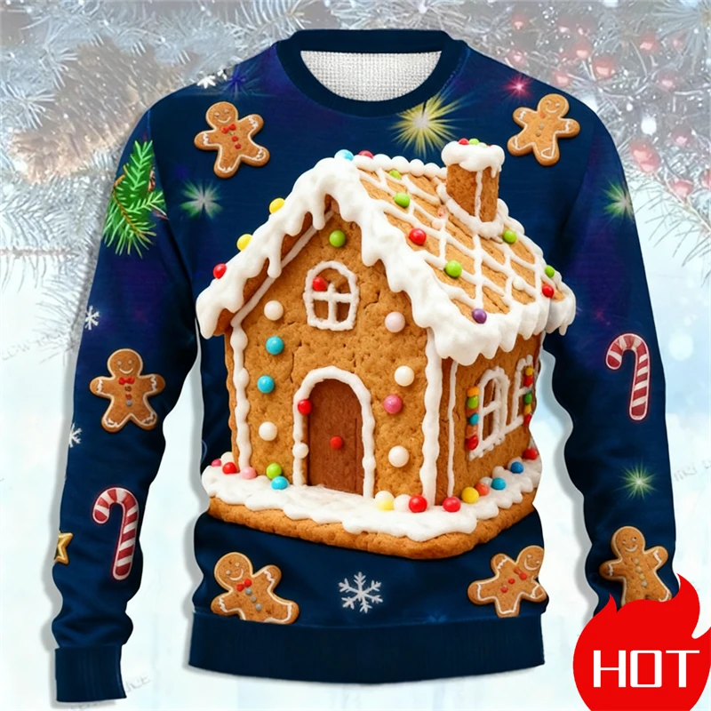 

New 2025 3D Candy House Printed Sweatshirts Men Women Cute Christmas Festival Graphic Pullovers Funny Clothing for Unisex