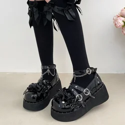 2024 New Buckle Punk Gothic Shoes for Women Fashion Chain Chunky Platform Mary Janes Woman Black Rivet Ankle Strap Wedge Pumps