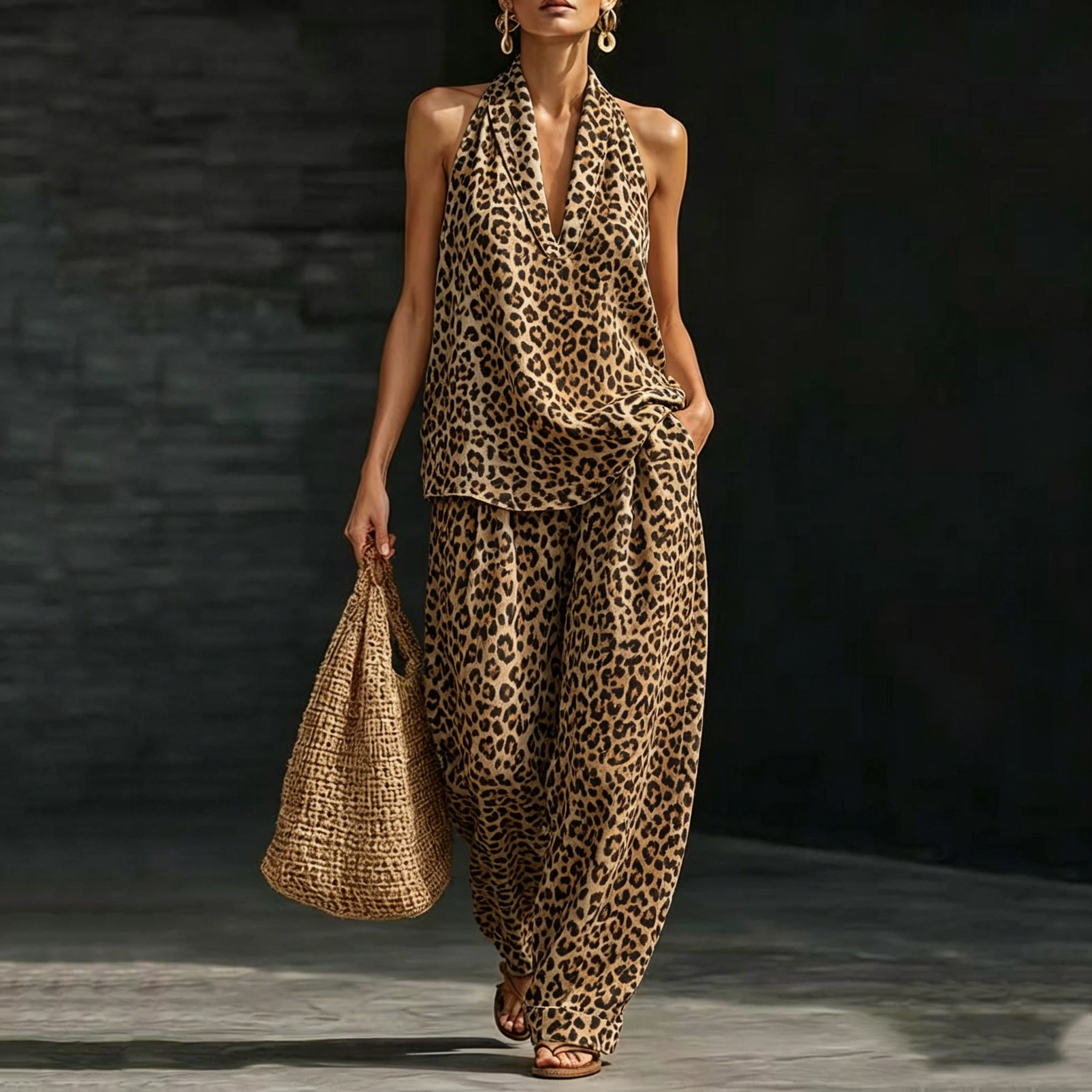 

Leopard Print Women Two Piece Sets Outfits Summer Fashion Halter Neck Sleeveless V-Neck Tank Top & Pocket Wide Leg Pants Set