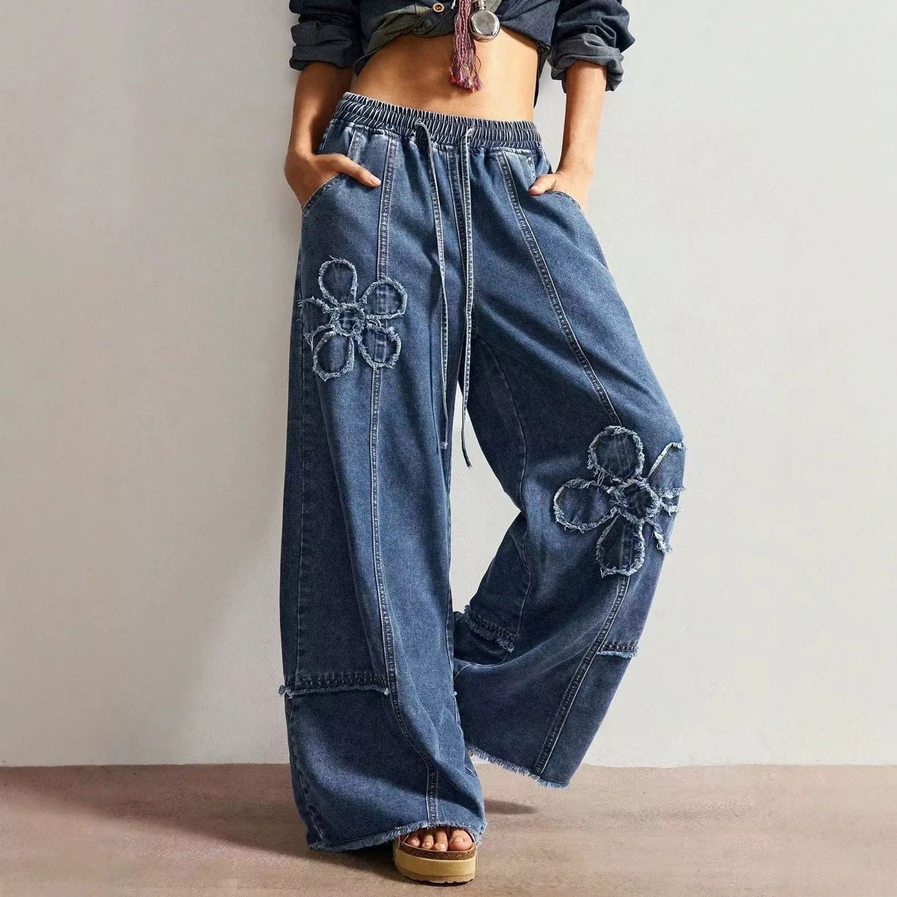 Women High Street Floral Embroidered Wide Leg Jeans Drawstring Elastic Waist Loose Vintage Denim Long Pants